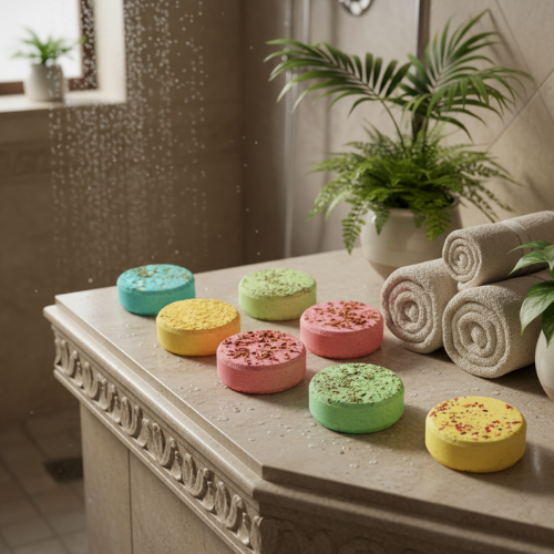 8 bombe de douche spa naturel sur un comptoir