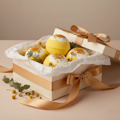bombe de bain moussant camomille dans une boîte-cadeau