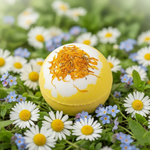 bombe de bain moussant camomille entourer d'herbes et de fleurs