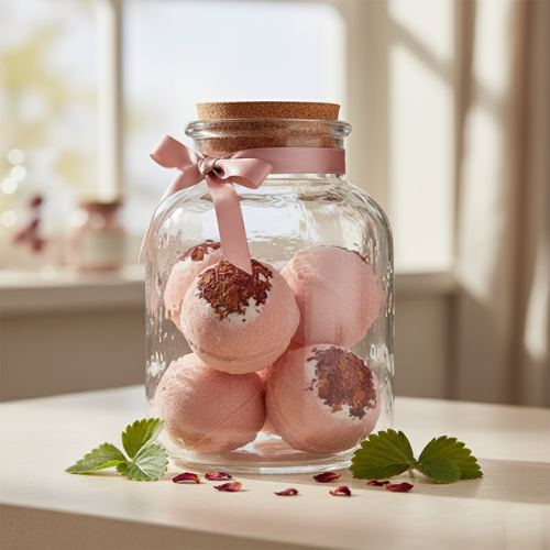 bombe de bain moussant fraise dans un bocal de verre