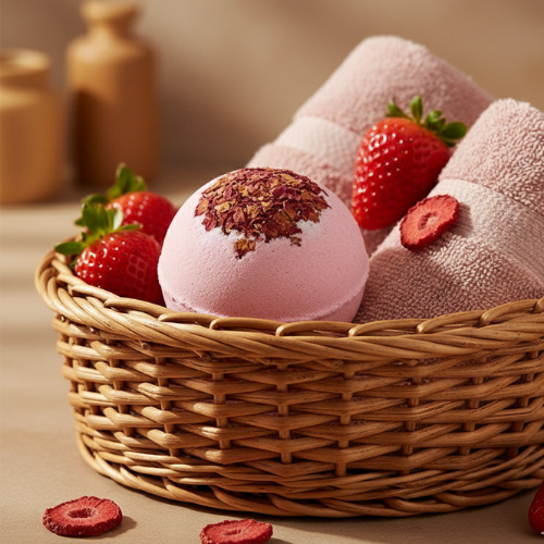 bombe de bain moussant fraise dans un panier en rotin