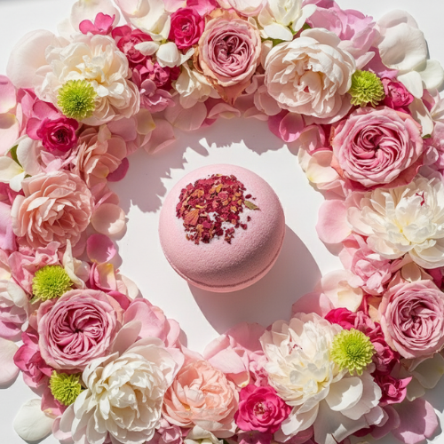 bombe de bain moussant fraise entouré de fleurs
