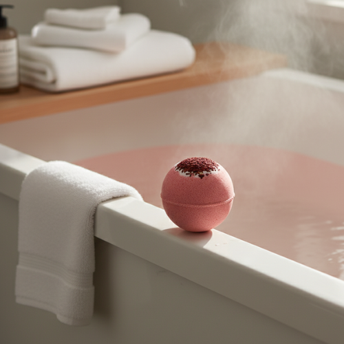 bombe de bain moussant fraise sur le rebord d'un bain