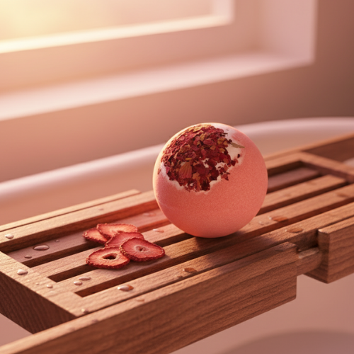 bombe de bain moussant fraise sur un plateau en bambou