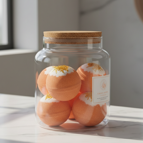 bombe de bain orange dans un bocal en verre