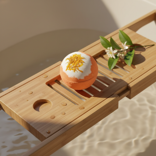 bombe de bain orange sur un plateau en bambou