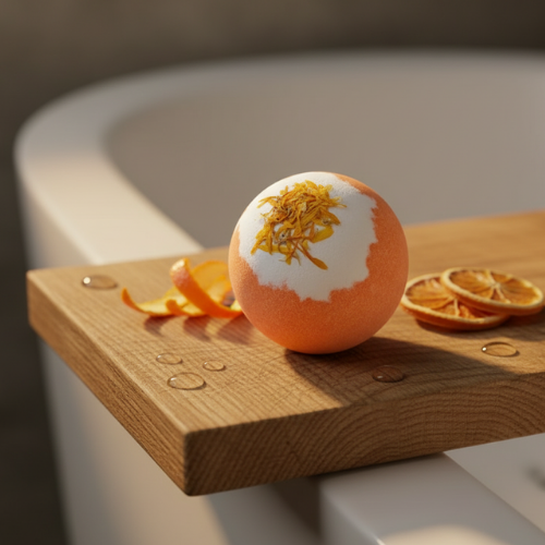 bombe de bain orange sur une planche de bois