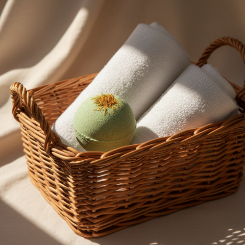 bombe de bain romarin dans un panier avec des serviettes