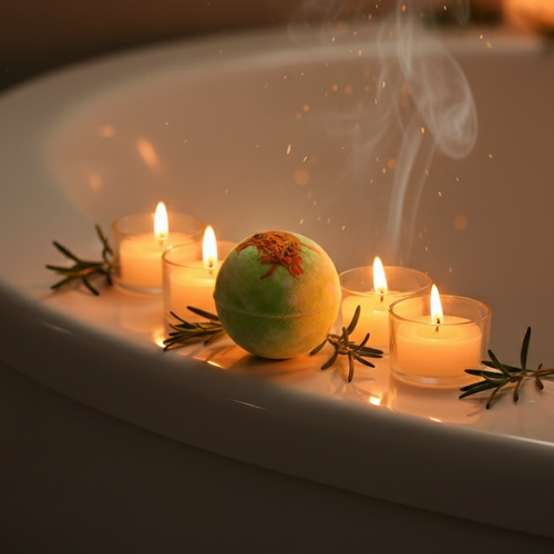 bombe de bain romarin entourer de bougies
