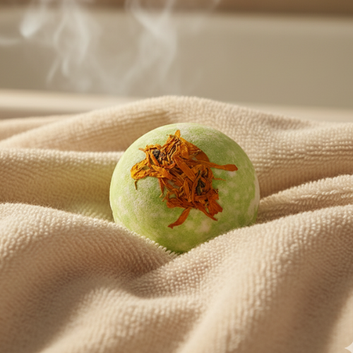 bombe de bain romarin sur une serviette de coton