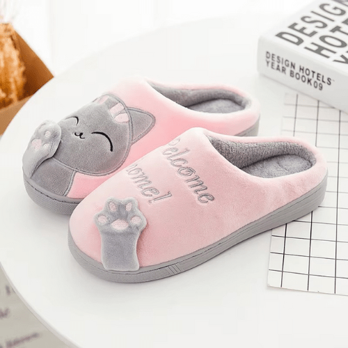 chaussons femme Chat gris et rose
