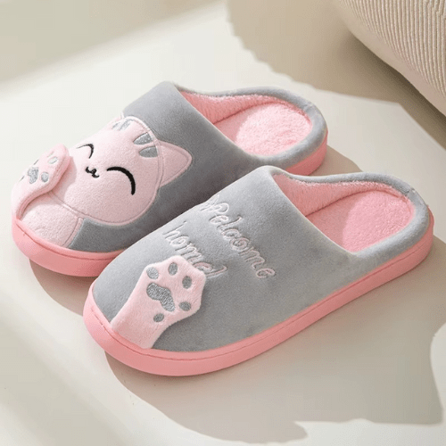 chaussons femme Chat rose et gris