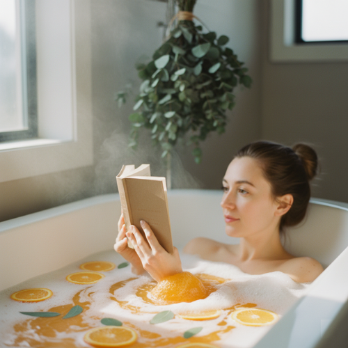 femme lisant dans un bain avec la bombe de bain orange