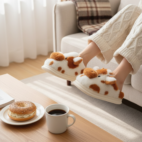 femme portant les chaussons vachem marron assise sur un canapé