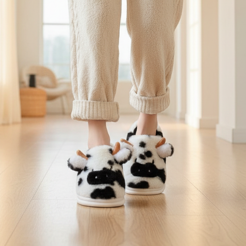 femme portant les chaussons vache noir