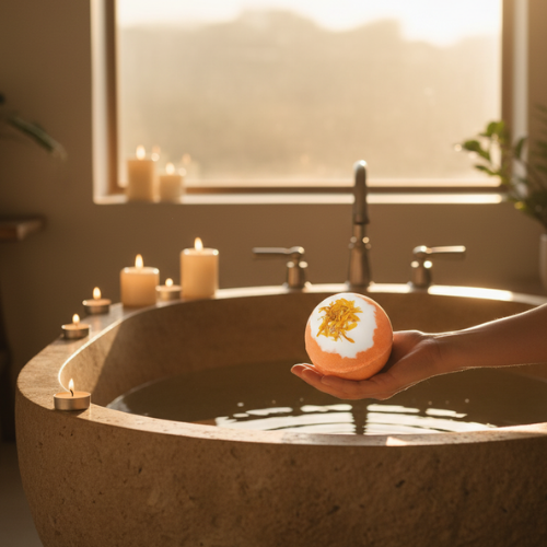 femme tenant la bombe de bain orange au-dessus-du-bain