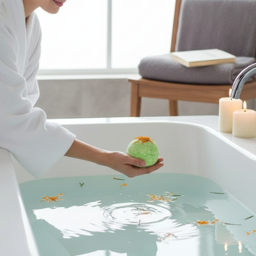 femme tenant la bombe de bain romarin