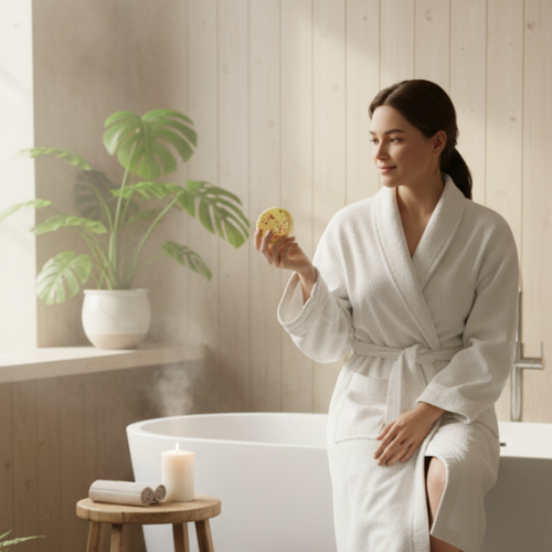 femme tenant la bombe de douche spa naturel
