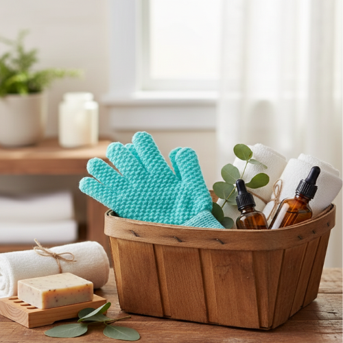 gant pour le corps exfoliation dans un panier