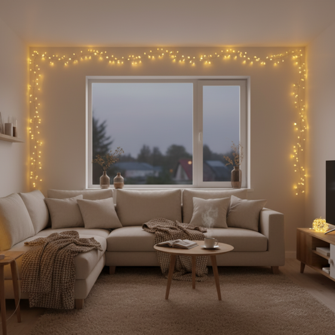 guirlande lumineuse apaisante sur le mur du salon