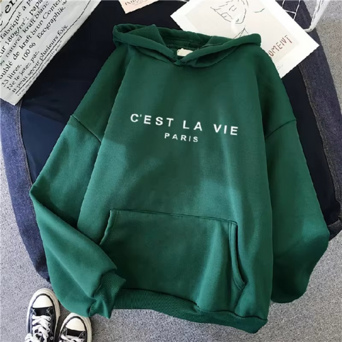 sweat à capuche c'est la vie vert