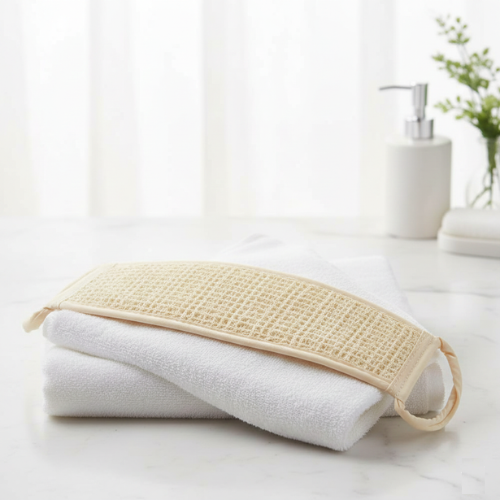 bande loofah pour le dos sur une serviette