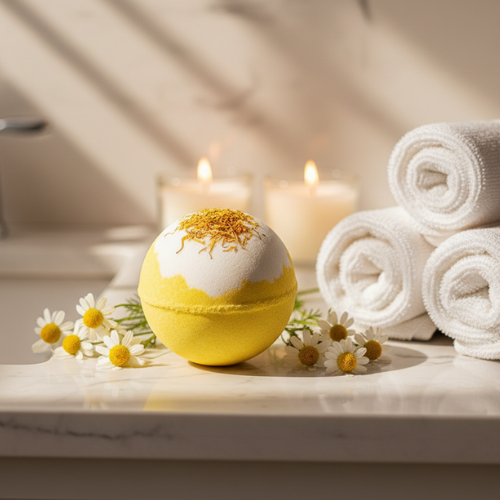 bombe de bain moussant camomille sur un comptoir