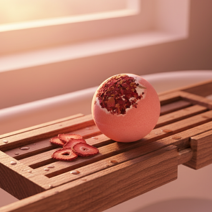 bombe de bain moussant fraise sur un plateau en bambou