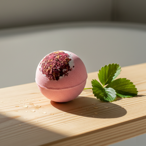 bombe de bain moussant fraise sur une planche de bois