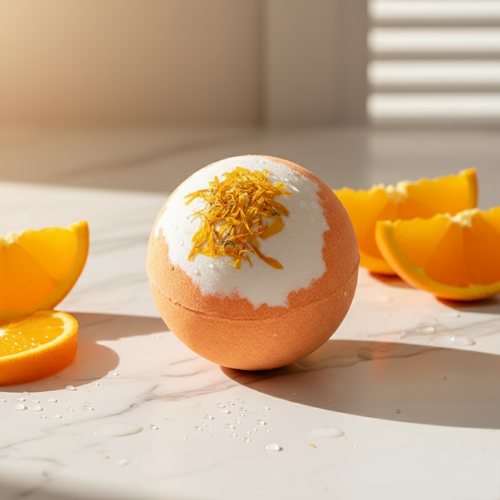 bombe de bain orange poser sur un comptoir avec des tranches d'orange