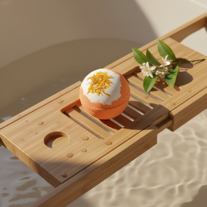 bombe de bain orange sur un plateau en bambou