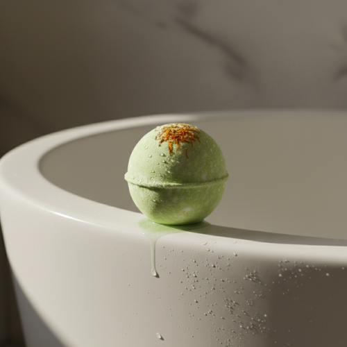 bombe de bain romarin sur le rebord d'un bain blanc