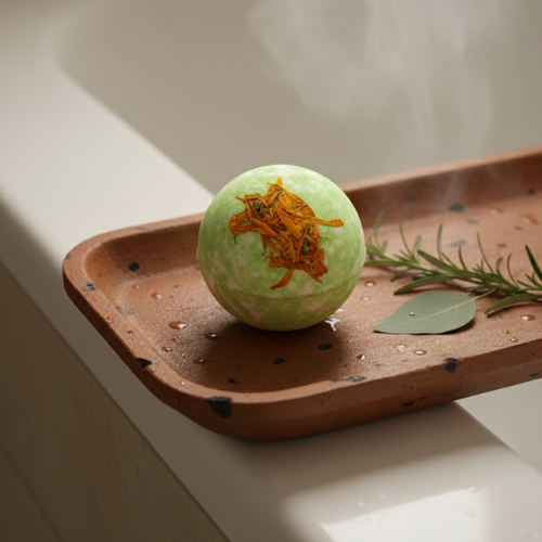 bombe de bain romarin sur un plateau décoratif en bois