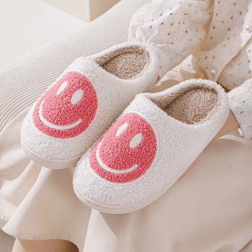 chaussons pour femme chauds smiley blanc et rose