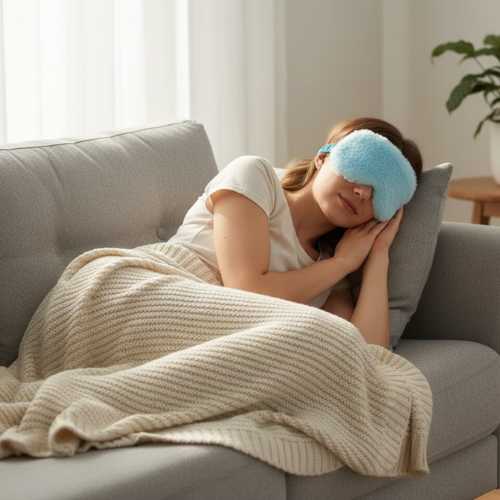 femme dormant avec le  masque yeux nuit en peluche bleu