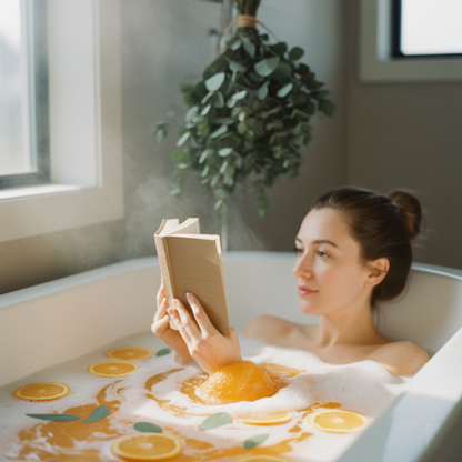 femme lisant dans un bain avec la bombe de bain orange