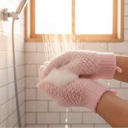 femme utilisant le gant pour le corps exfoliation