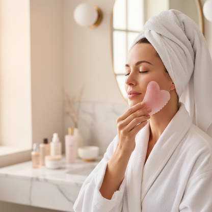 femme utilisant gua sha quartz rose avec bosses
