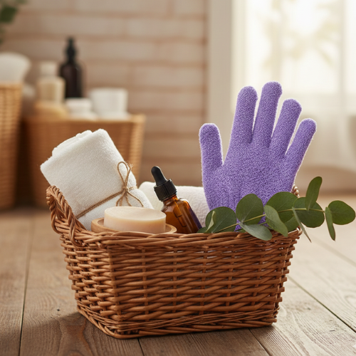 gant exfoliant 5 doigts pour le corps ans un panier