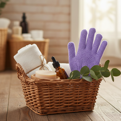 gant exfoliant 5 doigts pour le corps ans un panier