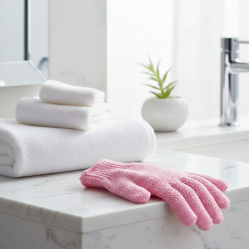 gant exfoliant 5 doigts pour le corps sur un comptoir