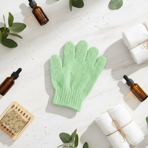 gant exfoliant 5 doigts pour le corps vert
