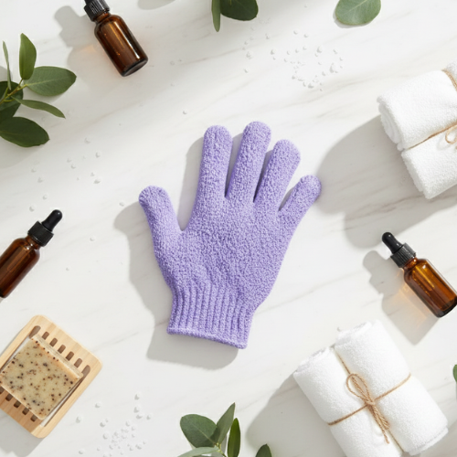 gant exfoliant 5 doigts pour le corps violet