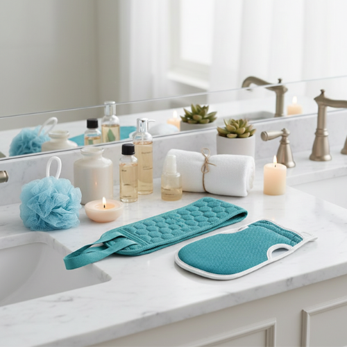 gant exfoliant corps complet 3-en-1 dans la salle de bain