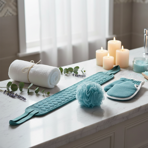 gant exfoliant corps complet 3-en-1 sur un comptoir de salle de bain