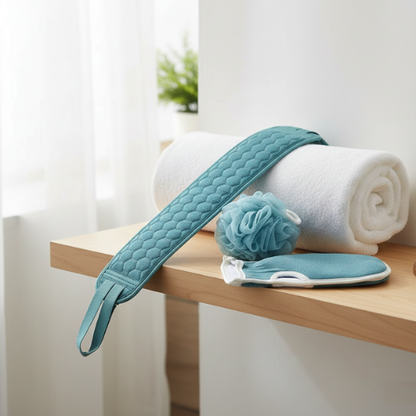 gant exfoliant corps complet 3-en-1 sur une tablette