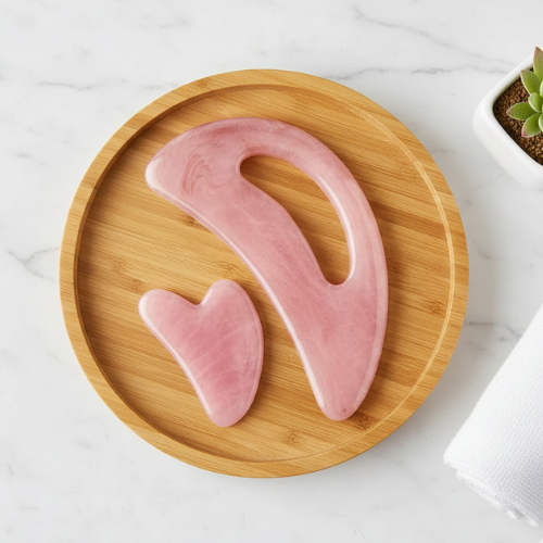 gua sha corps bodyscrape rose sur un plateau