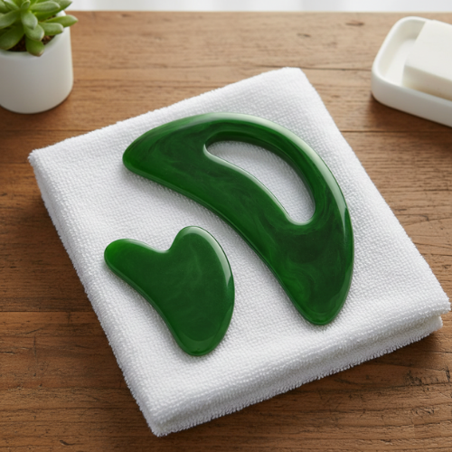 gua sha corps bodyscrape vert sur une serviette