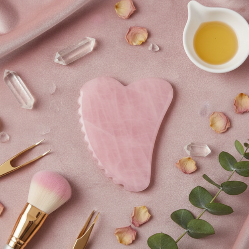 gua sha quartz rose avec bosses sur un tissu