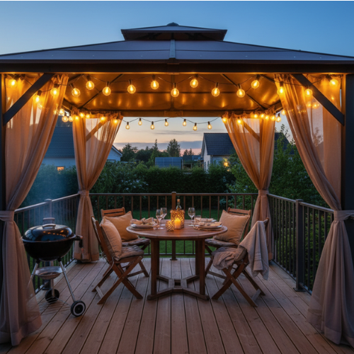 guirlande guinguette ronde sur un patio extérieur